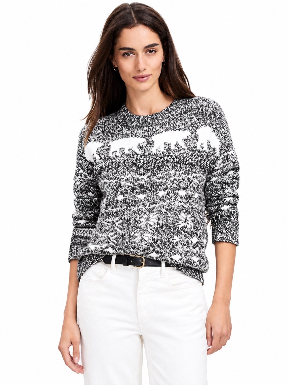 LOFT Polar Bear Fringe Sweater Women Size L Black Marled Holiday Cotton Blend